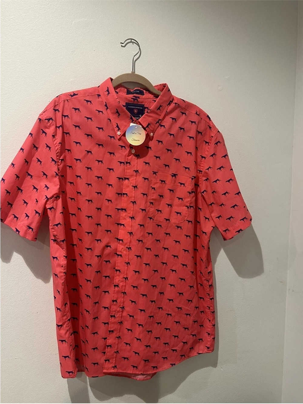 Saddlebred Coral Short-Sleeve Button-Down with Navy Dog Print